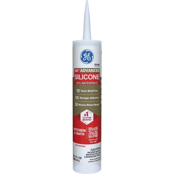 GE Advanced Silicone Kitchen & Bath Sealant, Clear, 10.1  Oz. Cartridge 2812562