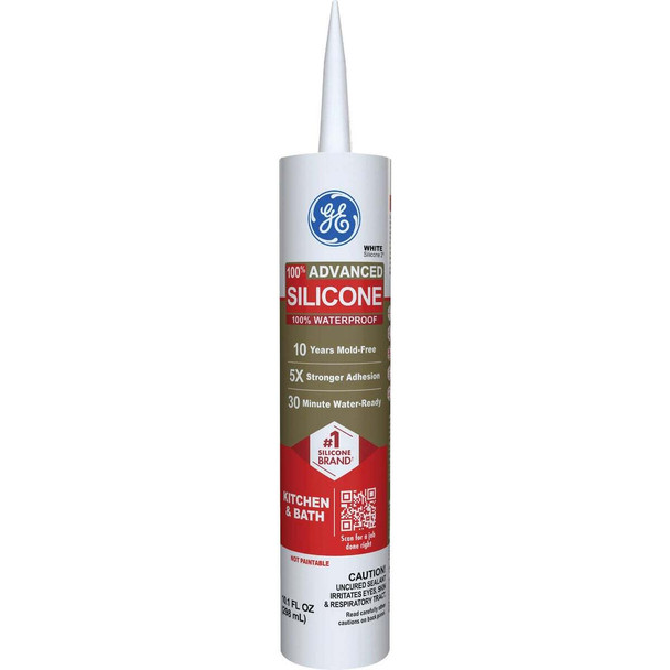 GE Advanced Silicone Kitchen & Bath Sealant, White, 10.1  Oz. Cartridge 2812565