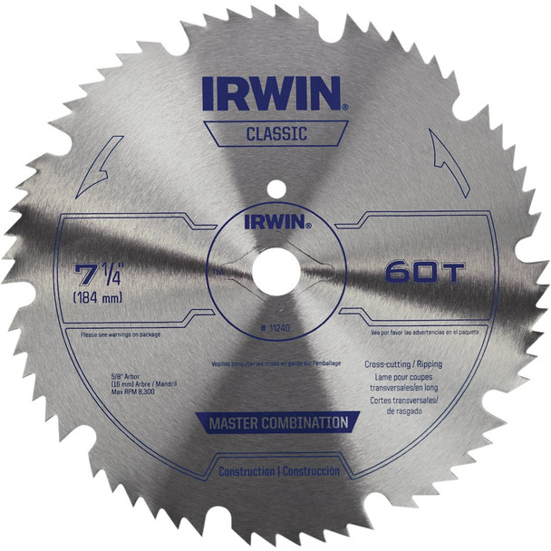 Irwin Steel 7-1/4 In. 60-Tooth Ripping/Crosscutting Circular Saw Blade 11240