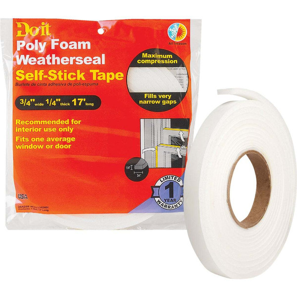 Frost King 3/4 In. W. 1/4 In. T x 17 Ft. L  White Poly Foam Weatherstrip Tape