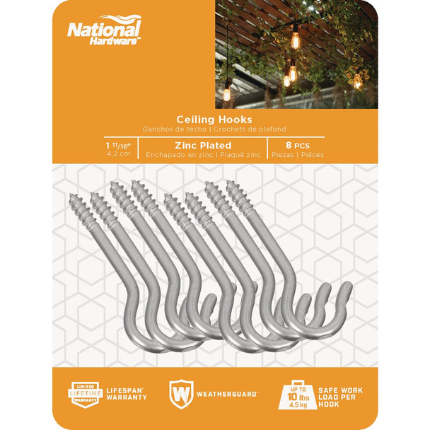 National Hardware 1-11/16 In. Zinc Finish Ceiling Hook (8-Pack) N120-659