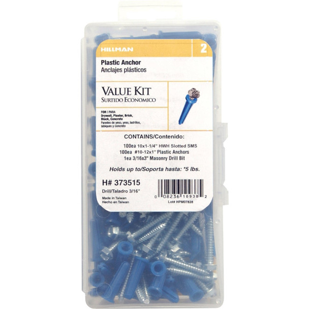 Hillman #10 - #12 Thread x 1 In. Hex Washer Head Blue Plastic Anchor Kit  373515