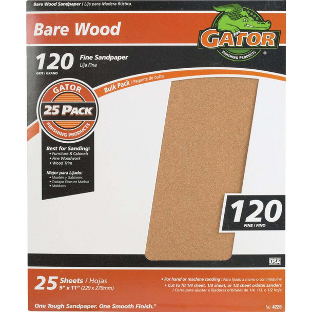 Gator Blade Bare Wood 9 In. x 11 In. 120 Grit Fine Sandpaper (25-Pack) 4226