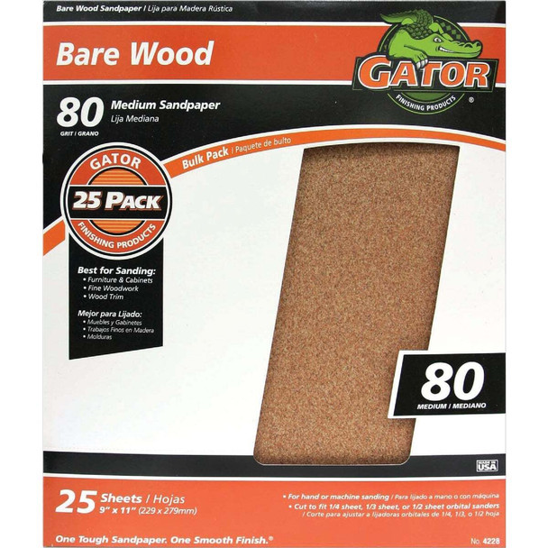 Gator Blade Bare Wood 9 In. x 11 In. 80 Grit Medium Sandpaper (25-Pack) 4228