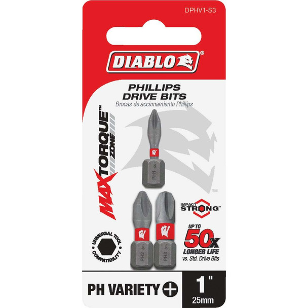 1 In. Phillips Drive Bit Assorted Pack (3-Piece) DPHV1-S3