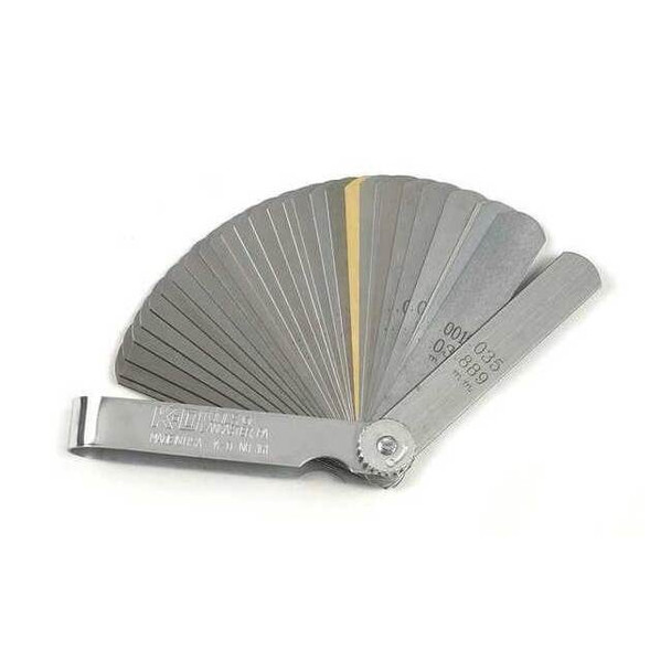 Feeler Gauges, 32 Blade, 3 5/16 in L, 1/2 in W, Steel, 0.0015 in to 0.035 in
