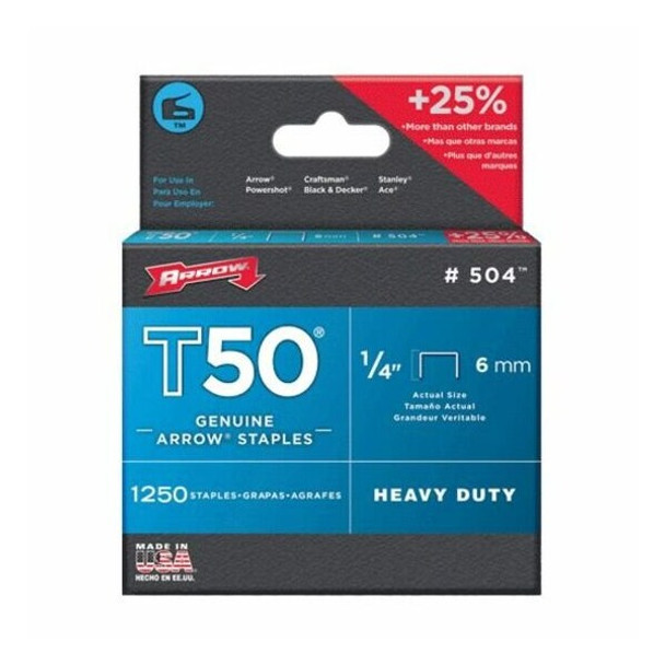 Heavy Duty Staples, T50, 18 ga, Flat Crown, 1/4 in Leg L, Steel, 1250 PK