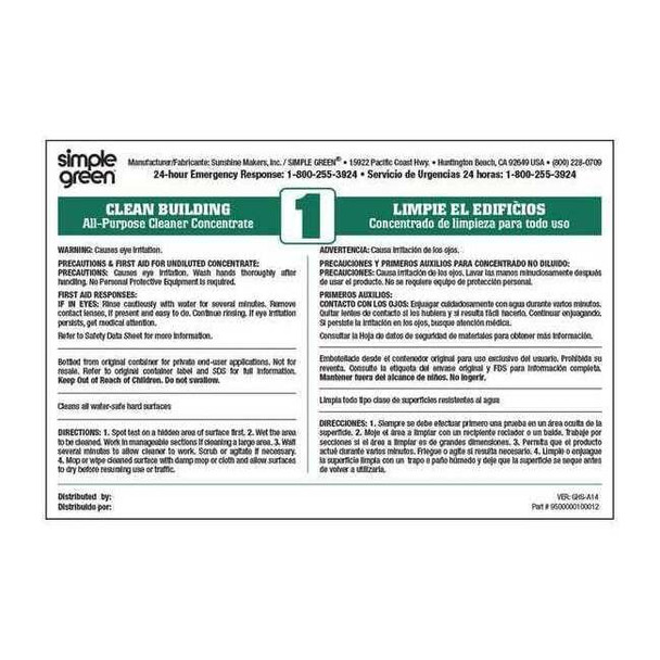 Ten pack of secondary labels for Simple Green Clean Building All-Purpose Cleaner
