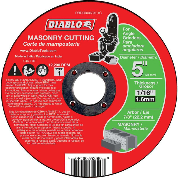 Diablo Type 1 5 In. x 1/16 In. x 7/8 In. Masonry Cut-Off Wheel DBD050063101C