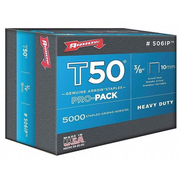 Heavy Duty Staples, T50, 18 ga, Flat Crown, 3/8 in Leg L, Steel, 5000 PK