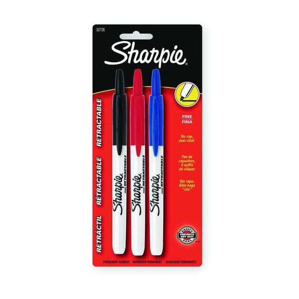 Sharpie Permanent Marker Set, Black, Blue, Red, Fine Tip, Capped, 3 PK 32726PP