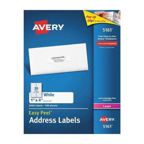 Avery Laser Label, 4 in Label W, 1 in Label H, 20 Labels per Sheet White AVE5161