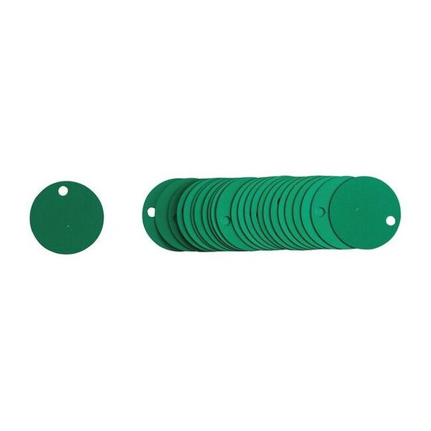 Blank Tag, Aluminum, 1 1/2 in H x 1 1/2 in W, 1 1/2 in Dia., Green, Round, 25 PK