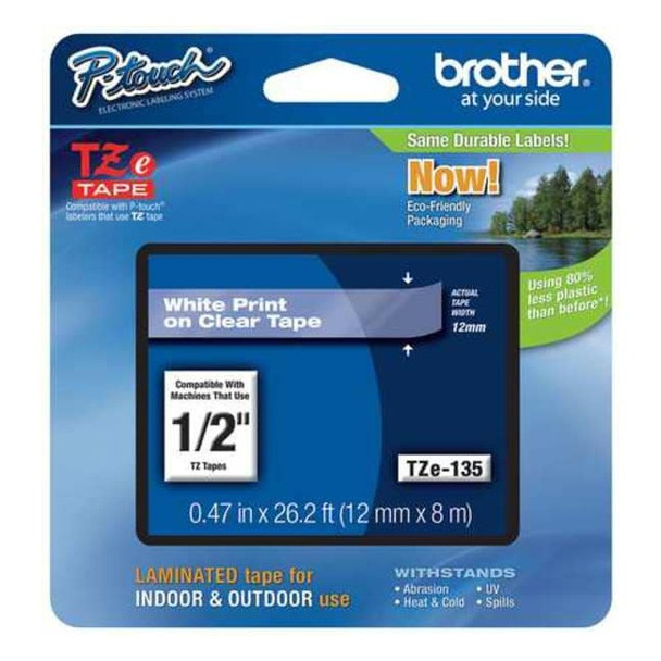 Brother Adhesive TZ Tape (R) Cartridge 0.47"x26-1/5ft., White/Clear TZE135G