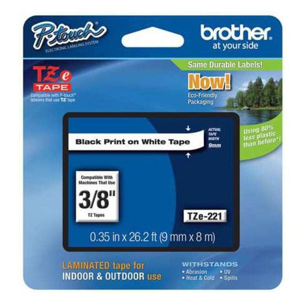 Brother Label/Ribbon Cartridge, White, Gloss, 3/8 in W TZE221G