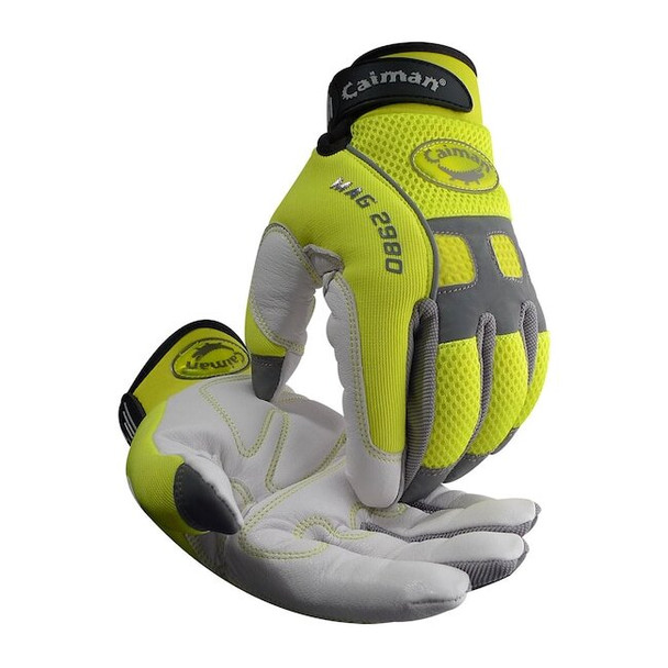 Caiman Hi-Vis Mechanics Gloves, Goat Grain Leather Palm, L, Yellow/White 2980-5