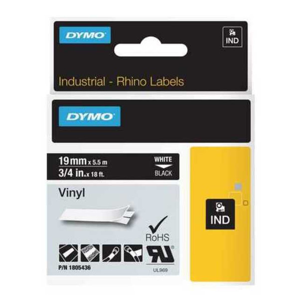 Dymo Label Tape Cartridge, White on Black, Labels/Roll: Continuous 1805436