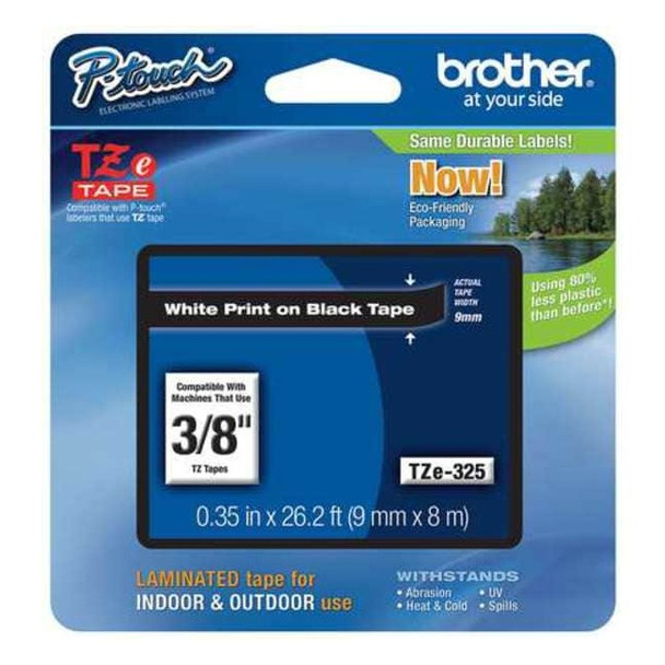Brother Adhesive TZ Tape (R) Cartridge 0.35"x26-1/5ft., White/Black TZE325G
