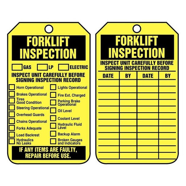 Tag, Forklift, Plastic, 5 3/4 in H x 3 1/4 in W, Rectangle, 25 PK