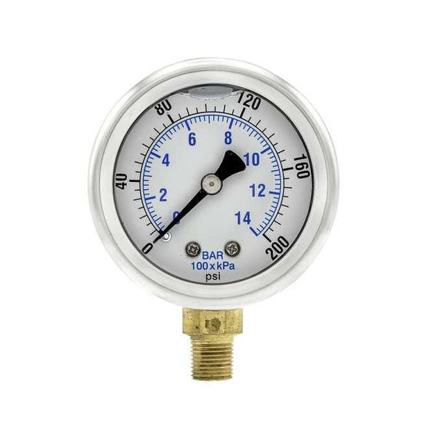 Industrial Pressure Gauge, 0 to 200 psi, 2 in Dial, 1/8 in NPT, Bottom Location