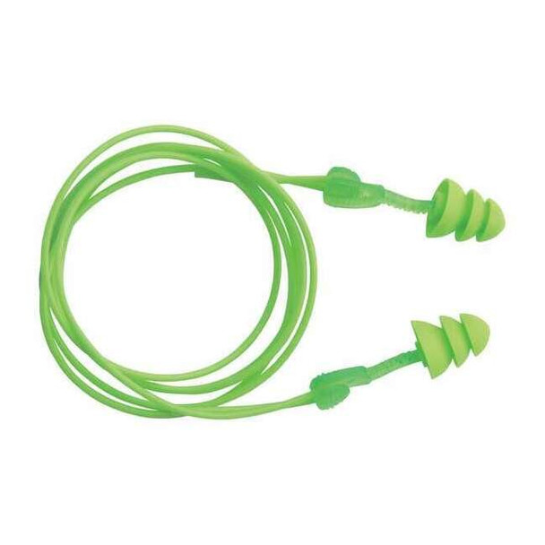 Glide Reusable Soft Plastic Ear Plugs, Flanged Shape, 27 dB, Green, 50 PK