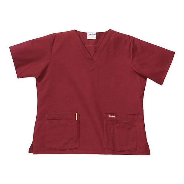 Scrub Shirt, Cotton/Polyester, Short Sleeve, 4 Pockets, V-Neck, Wine, Size M
