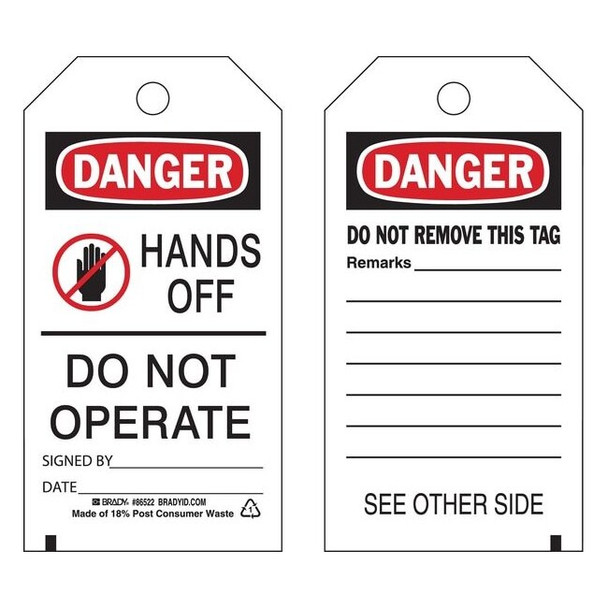 Danger, Hands Off Do Not Operate, 3 in W x 5 3/4 in H, Polyester, 86522,PK10