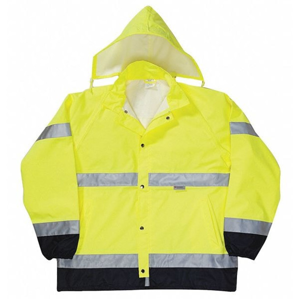 Rain Jacket with Zip Rollaway Hood, Polyester, Class 3 R, Yellow, 3XL