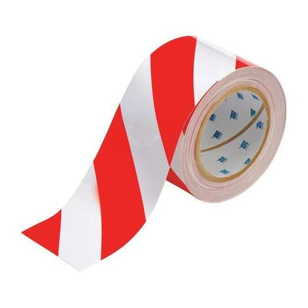 Floor Marking Tape, Polyester, Striped, Red, White, 3 in W., 8 mil Thickness