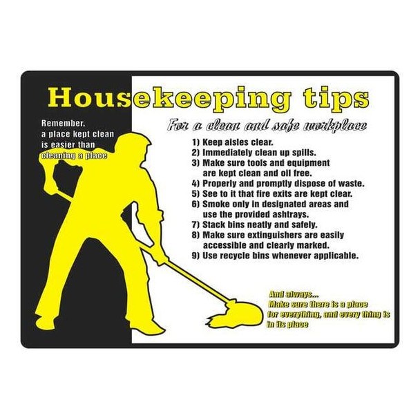 Accuform Safety Poster, Housekeeping Tips, 17 in H x, 22 in W, Plastic SP124482L