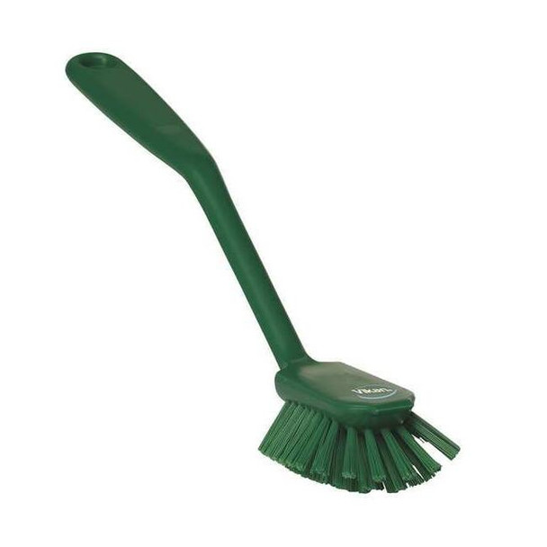 2 25/64 in W Dish Brush, Medium, 8 in L Handle, 3 1/8 in L Brush, Green, Plastic