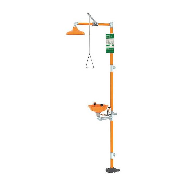 Shower with Eyewash, Floor Mount, Plastic Bowl, Galvanized Steel Pipe, Orange