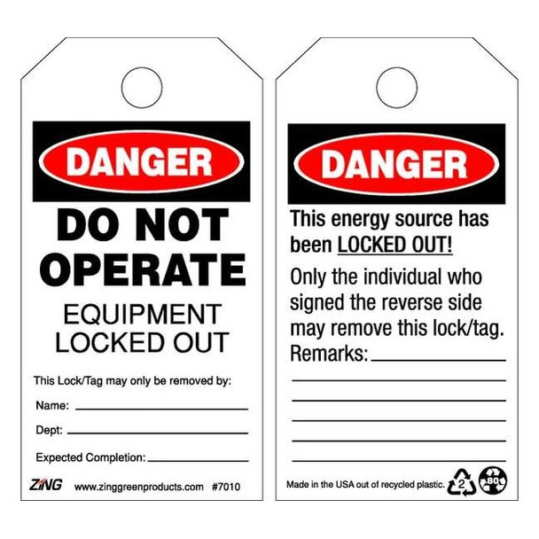Danger Tag, Plastic, 5 3/4 in H x 3 in W, Black/White, Rectangle, 10 PK