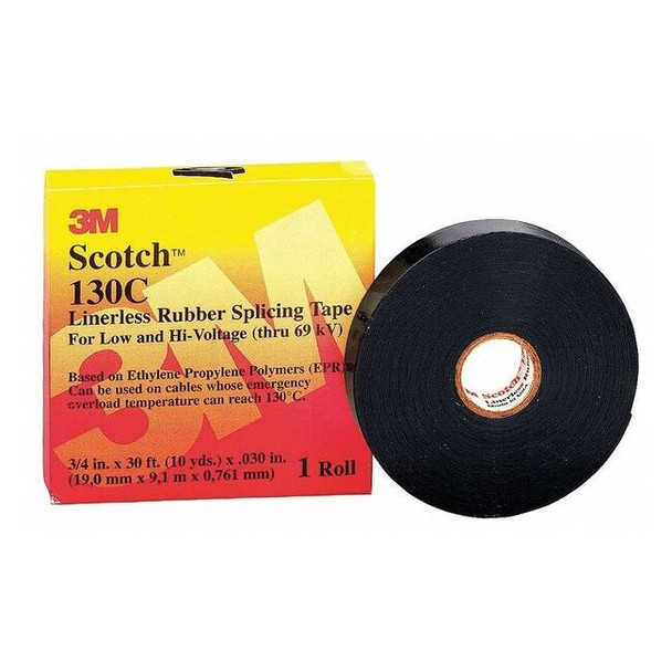 Rubber Electrical Tape, 130C, Scotch, 1 in W x 30 ft L, 30 mil thick, Black