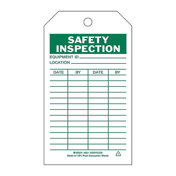 Tag, Safety, Polyester, 7 in H x 4 in W, Green on White, Rectangle, 10 PK
