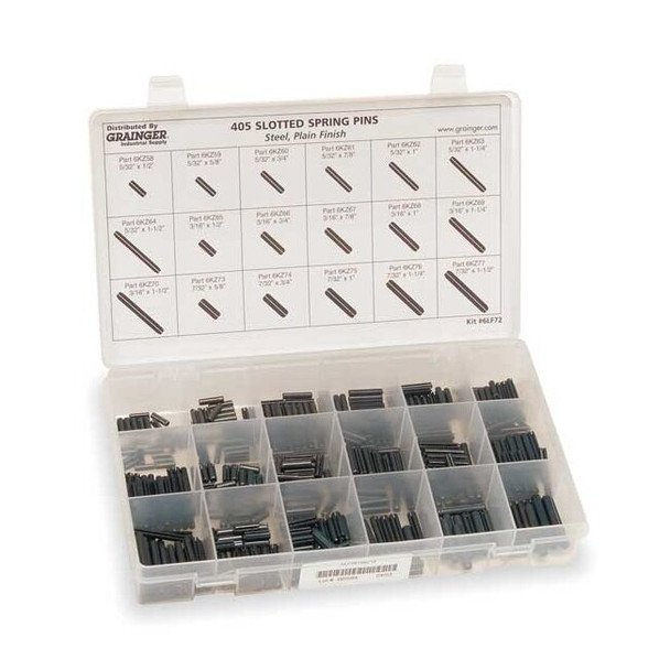 Slotted Spring Pin Assortment, Steel, Plain, 405 Pcs