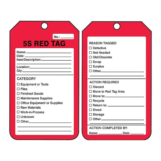 Tag, 5S Red Tag, Cardstock, 5 3/4 in H x 3 1/4 in W, Red, Rectangle, 25 PK