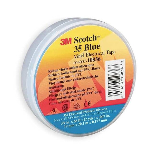 Vinyl Electrical Tape, 35, Scotch, 3/4 in W x 66 ft L, 7 mil thick, Blue, 1 Pack
