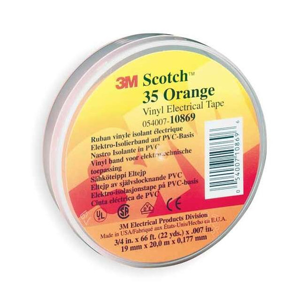 Vinyl Electrical Tape, 35, Scotch, 3/4 in W x 66 ft L, 7 mil thick, Orange