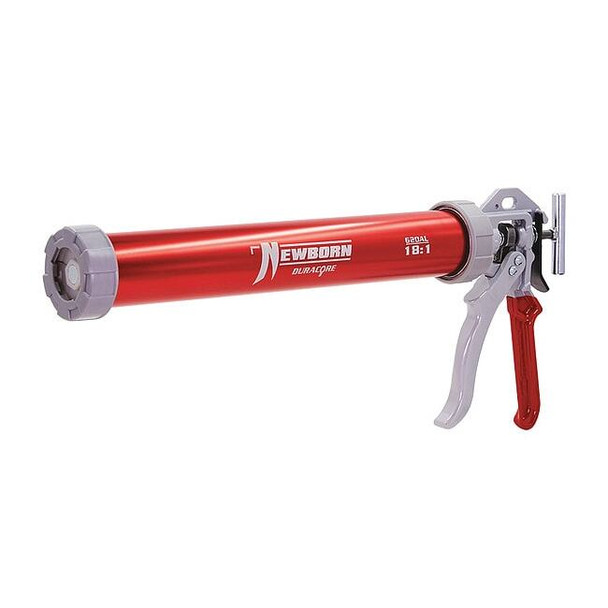 Caulk Gun, 24 oz Container Size, Aluminum, 18:01, Full Barrel Frame, Red