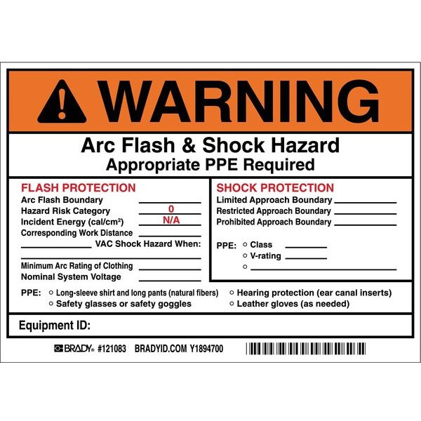 Brady Vinyl Arc Flash & Shock Protection Label, 5"H X 7" W,PK5 121083