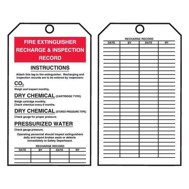Tag, Fire Extinguisher, Cardstock, 6 1/4 in H x 3 in W, White, Rectangle, 100 PK