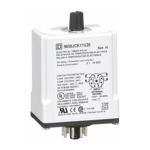 Single Function Time Delay Relay, Octal, On Delay, 1 Functions 110V AC, DPDT