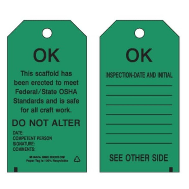 Tag, Inspection, Paper, 5 3/4 in H x 3 in W, Black on Green, Rectangle, 100 PK