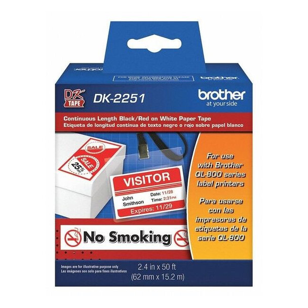 Brother Label Tape Cartridge, Black/White/Red, Labels/Roll: Continuous DK2251