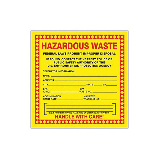 Accuform Hazardous Waste Label,Red/Yellow,PK100, MHZW20EVC MHZW20EVC