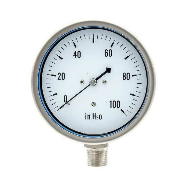 Low Pressure Gauge, 0 to 100 psi, 4 in Dial, 1/2 in NPT, Bottom Location