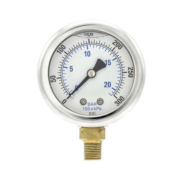 Industrial Pressure Gauge, 0 to 300 psi, 2 in Dial, 1/8 in NPT, Bottom Location