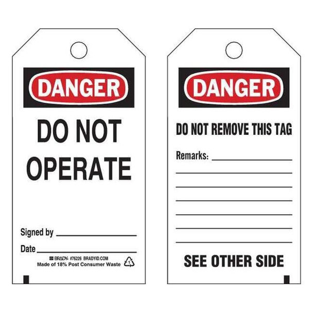 Brady Danger Tag, Polyester, 5 1/2 in H x 3 in W, Rectangle, 25 PK 76226