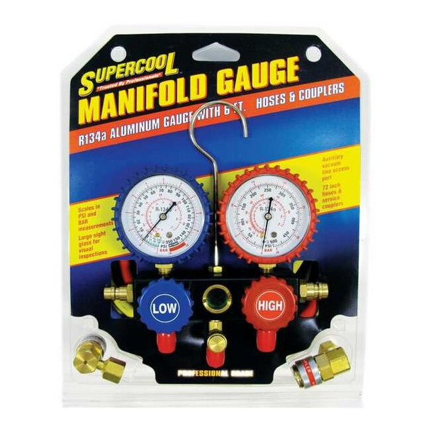 Supercool A/C Manifold Gauge,PSI and BAR,Aluminum 2211B